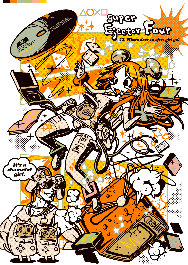 1boy, 1girl, breasts, cat, cd, cd_case, cherri_cherri, controller, crt, dualshock, elbow_gloves, flat_color, game_console, game_controller, gloves, hair_ornament, headphones, long_hair, memory_card, one-piece_swimsuit, orange_hair, personification, playstation_1, playstation_controller, pocketstation, product_girl, small_breasts, sony, swimsuit, tears, television, thighhighs, what, whiskers