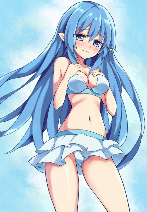 1girl, bikini, blue_background, blue_eyes, blue_hair, blush, breasts, female_focus