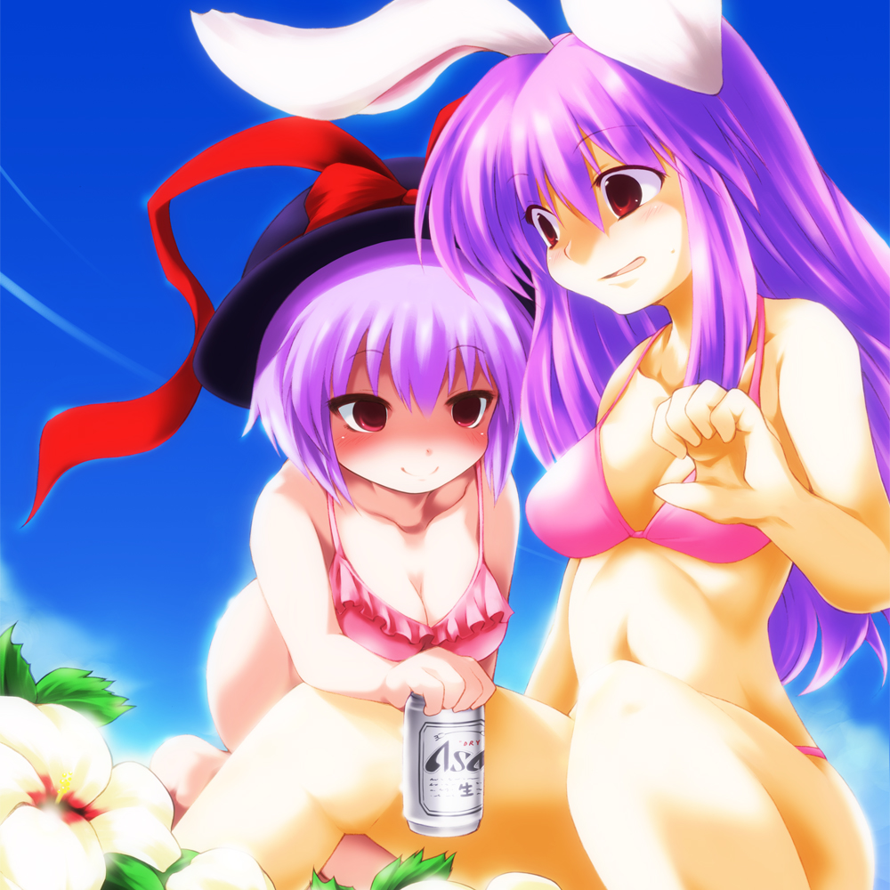 2girls, alcohol, animal_ears, bad_id, bad_pixiv_id, beer, beer_can, bikini