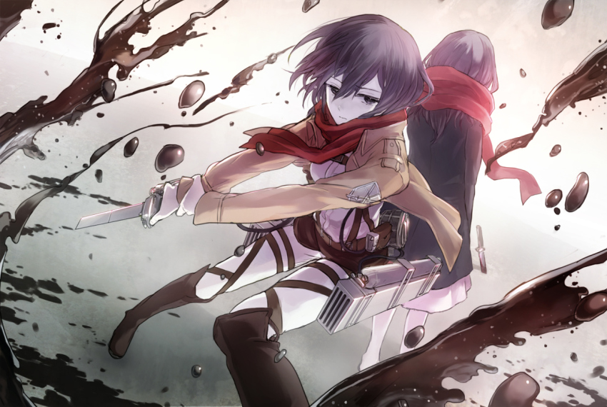 2girls, back-to-back, black_eyes, black_hair, blood, boots, jacket, knee_boots