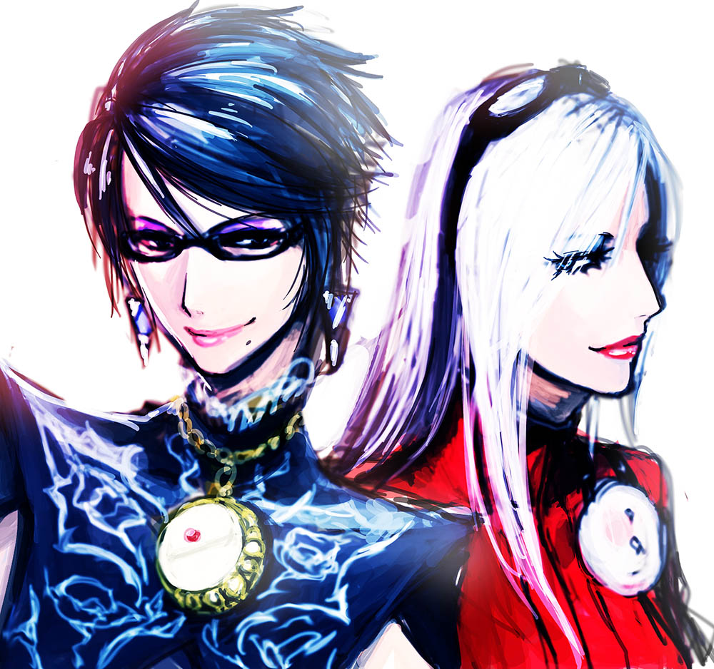 2girls, alternate_costume, alternate_hair_length, alternate_hairstyle, bad_id, bad_pixiv_id, bayonetta, bayonetta_(series), bayonetta_2, blue_eyes, eyeshadow, eyewear_on_head, glasses, jeanne_(bayonetta), lips, lipstick, makeup, mole, mole_under_mouth, multiple_girls, seitsuji, smile