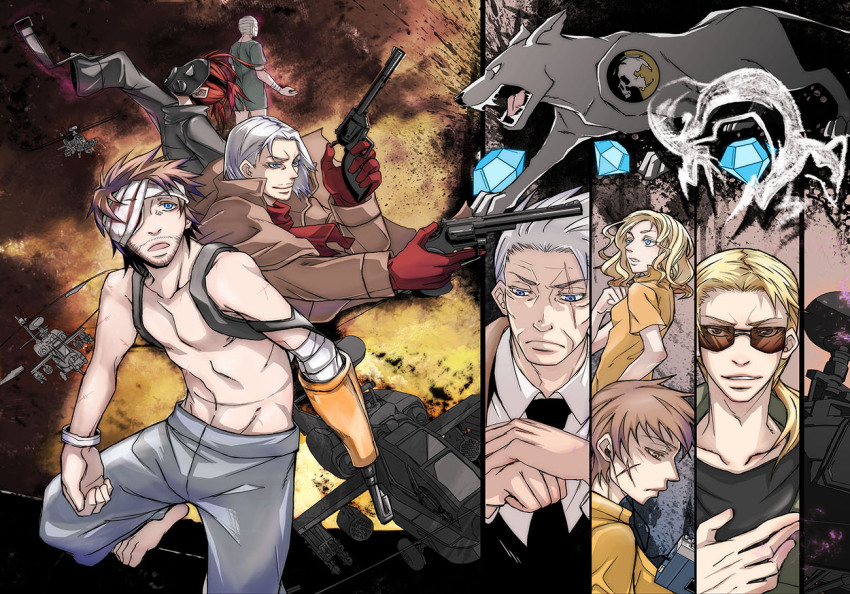 1girl, 6+boys, ah-64_apache, aircraft, amputee, attack_helicopter, bad_id, bad_pixiv_id