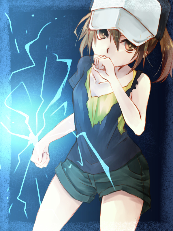 1girl, asari_(23feline23), baseball_cap, brown_eyes, brown_hair, casual, electricity, electrokinesis, female_focus, hat, misaka_mikoto, shorts, solo, toaru_kagaku_no_railgun, toaru_kagaku_no_railgun_s, toaru_majutsu_no_index, torn_clothes