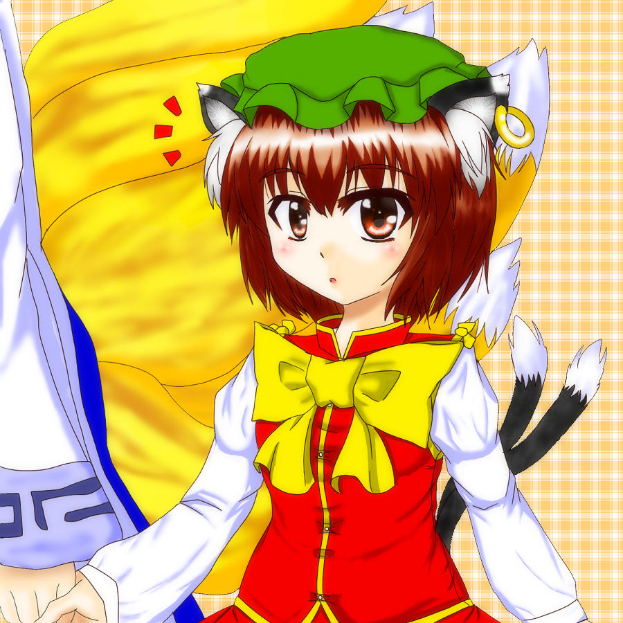 2girls, :o, animal_ears, bow, brown_eyes, brown_hair, cat_ears, cat_tail, checkered_background, chen, dress, earrings, fox_tail, hat, high_collar, holding_hands, jewelry, long_sleeves, looking_at_viewer, mob_cap, multiple_girls, multiple_tails, out_of_frame, short_hair, simple_background, single_earring, skirt, skirt_set, tail, touhou, yakumo_ran, zeokiro