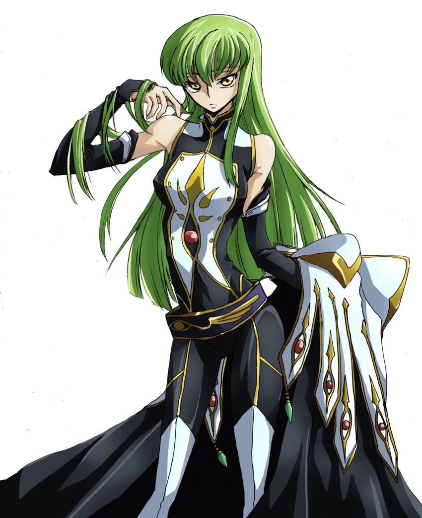 1girl, boots, c.c., code_geass, cosplay, female_focus, green_hair, highres, kururugi_suzaku, kururugi_suzaku_(cosplay), long_hair, non-web_source, solo, thigh_boots, thighhighs, yellow_eyes