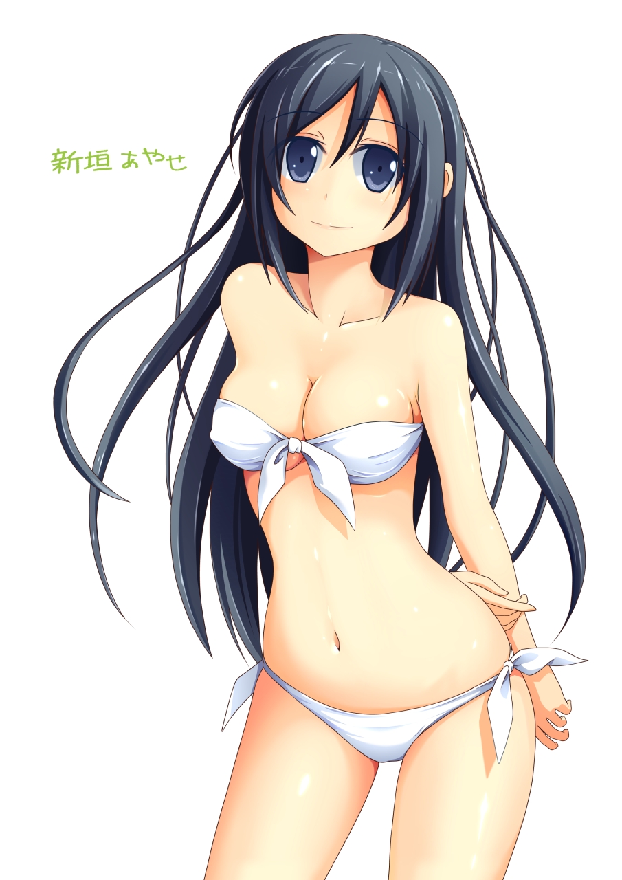 1girl, aragaki_ayase, bandeau, bikini, black_eyes, black_hair, breasts, female_focus