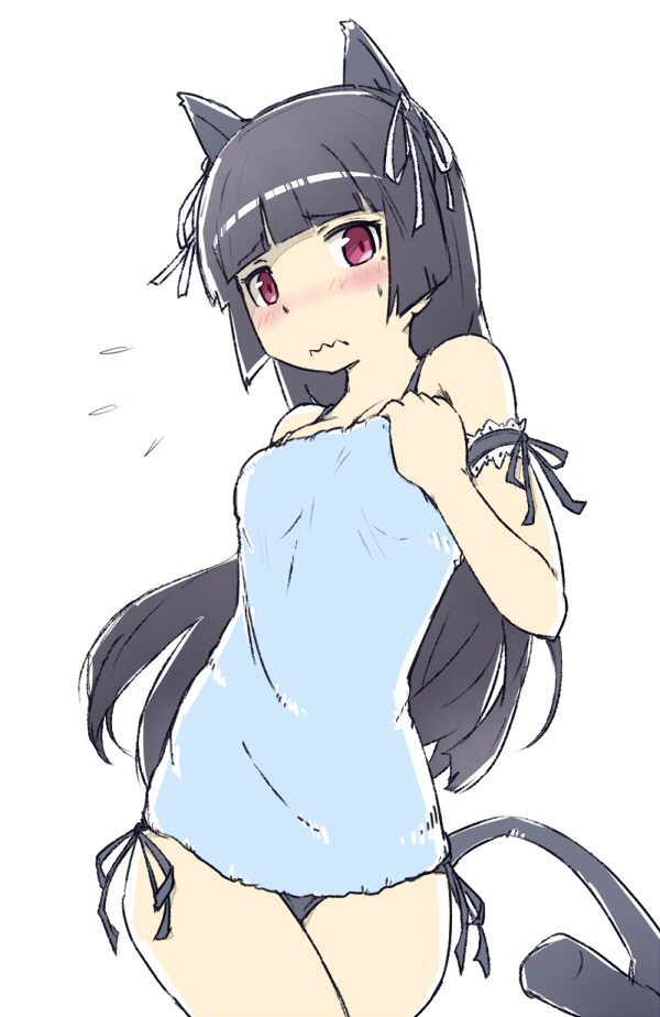 1girl, animal_ears, bikini, black_hair, blunt_bangs, blush, camisole, cat_ears