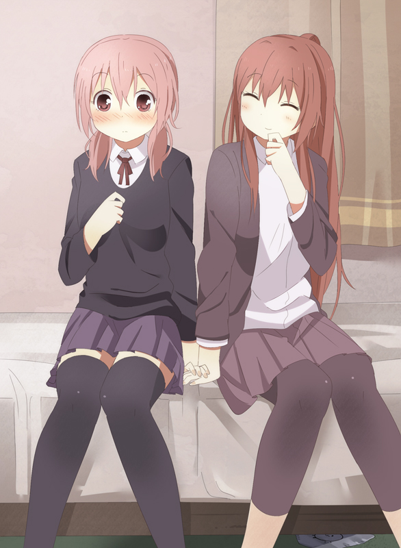 2girls, ^_^, akaza_akane, bad_id, bad_pixiv_id, bed, blush, closed_eyes, leggings, long_hair, miya_(miyabi_24), multiple_girls, panties, pink_eyes, pink_hair, red_hair, sitting, skirt, sweater, thighhighs, underwear, yoshikawa_tomoko, yuri, yuruyuri, zettai_ryouiki