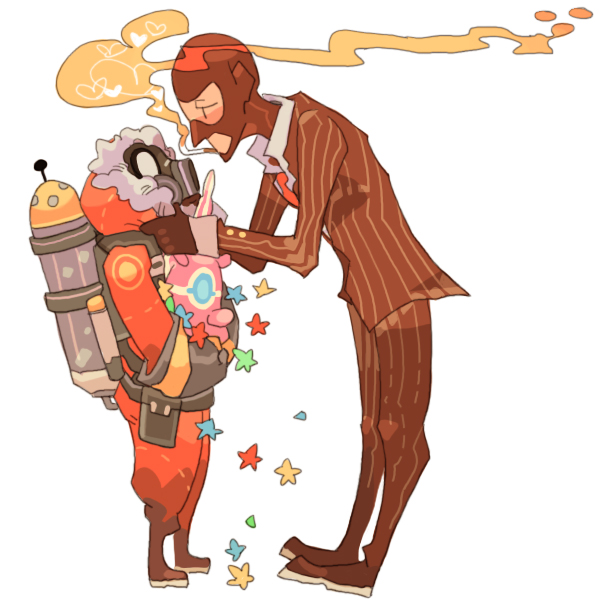 22_(tak_ja), 2boys, bad_id, bad_pixiv_id, balaclava, balloonicorn, cigarette, formal_clothes, gas_mask, gloves, head_warmer, heart, mask, multiple_boys, necktie, pyro_(tf2), red_pyro_(tf2), red_spy_(tf2), simple_background, smoke, smoking, spy_(tf2), standing, star_(symbol), suit, team_fortress_2, white_background