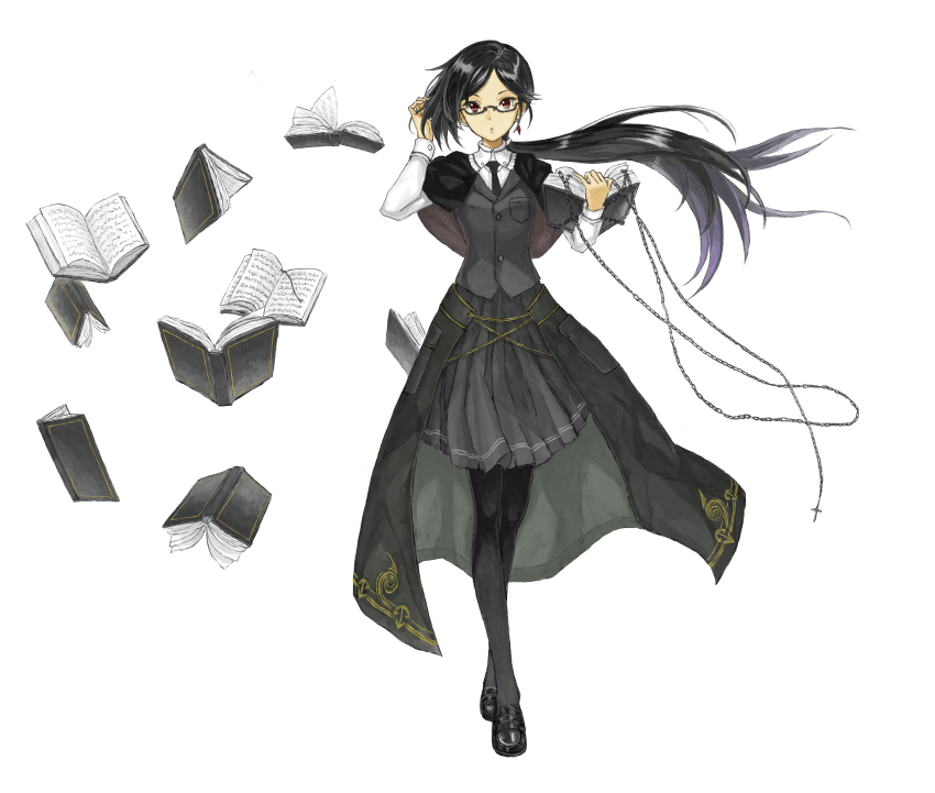 1girl, absurdres, black_hair, book, chain, cocoroten, earrings, female_focus