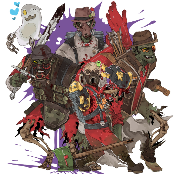 22_(tak_ja), 3boys, arrow_(projectile), bad_id, bad_pixiv_id, blood, bone, chain, demoman_(tf2), explosive, eyelander, eyepatch, gas_mask, ghost, glasses, gloves, halloween, hat, heart, holding, holding_sword, holding_weapon, huntsman_(tf2), mailbox, male_focus, mask, medi-mask, medic_(tf2), menpo_(tf2), menpou, multiple_boys, postal_pummeler, pyro_(tf2), quiver, red_demoman_(tf2), red_medic_(tf2), red_pyro_(tf2), red_sniper_(tf2), simple_background, skull, sniper_(tf2), sunglasses, sword, team_fortress_2, tribalman's_shiv, triboniophorus_tyrannus, vintage_tyrolean, voodoo-cursed_demoman_soul, voodoo-cursed_medic_soul, voodoo-cursed_pyro_soul, voodoo-cursed_sniper_soul, weapon, white_background, zombie