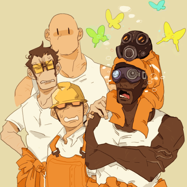 22_(tak_ja), 4boys, bad_id, bad_pixiv_id, bald, bug, butterfly, carrying, chell_(cosplay), cosplay, dark-skinned_male, dark_skin, demoman_(tf2), engineer_(tf2), facial_hair, gas_mask, heavy_(tf2), helmet, insect, mask, multiple_boys, missing_headwear, no_headwear, open_mouth, overalls, portal, portal_(series), portal_1, portal_2, pyro_(tf2), pyrovision_goggles, shoulder_carry, sniper_(tf2), sunglasses, team_fortress_2, tongue, valve