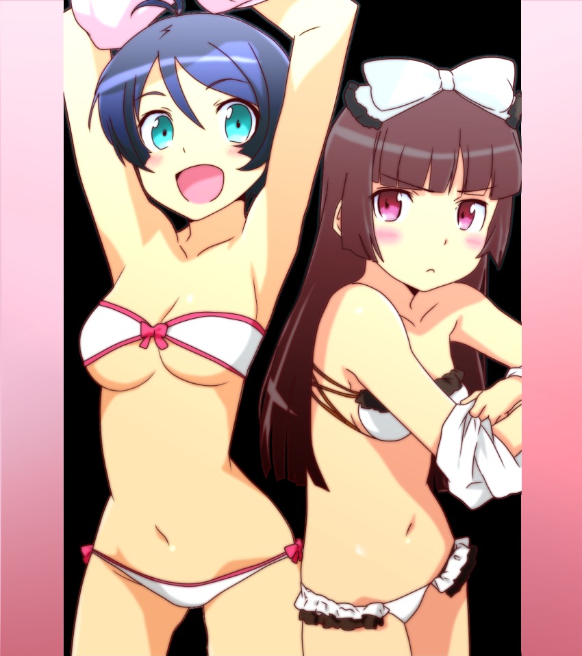 2girls, arms_up, bikini, black_hair, blue_eyes, blush, bow, derivative_work, female_focus, frilled_bikini, frills, gokou_ruri, highres, isono_wakame, long_hair, lowleg, lowleg_bikini, multiple_girls, navel, open_mouth, ore_no_imouto_ga_konna_ni_kawaii_wake_ga_nai, pooh_mal, red_eyes, sazae-san, strapless, strapless_bikini, swimsuit, undressing