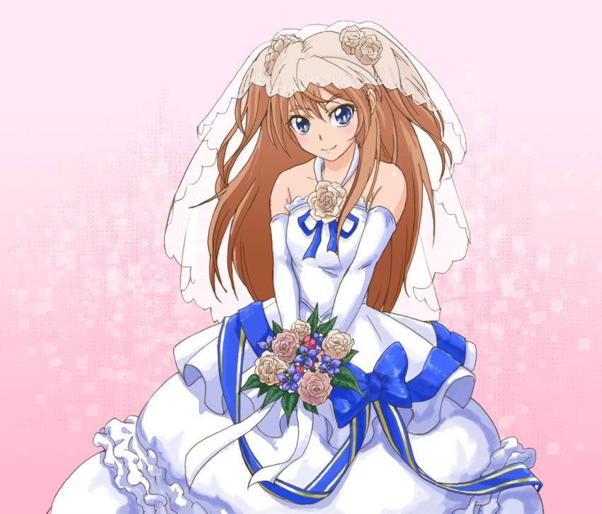 10s, 1girl, arm_warmers, bare_shoulders, bell_line_gown, blue_eyes, bouquet, brown_flower
