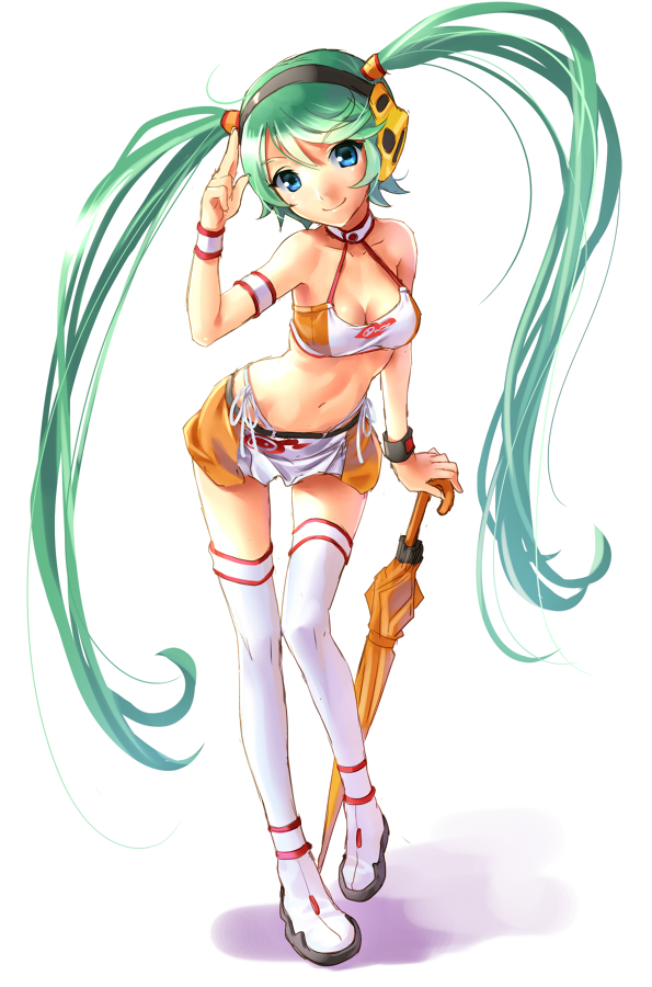 1girl, absurdly_long_hair, anniversary, aqua_eyes, aqua_hair, artist_name, artist_request, bandeau, bare_shoulders, belt, bikini, bikini_top_only, birthday, black_belt, blue_eyes, blue_hair, blush, boots, breasts, choker, cleavage, closed_umbrella, female_focus, full_body, goodsmile_company, goodsmile_racing, green_hair, halterneck, happy_birthday, hatsune_miku, headphones, katahira_masashi, long_hair, long_twintails, looking_at_viewer, medium_breasts, midriff, miniskirt, navel, orange_shorts, panties, parted_lips, planted, planted_umbrella, race_queen, racing_miku, racing_miku_(2010), salute, shoes, short_shorts, shorts, shorts_under_skirt, side-tie_panties, simple_background, skirt, smile, solo, swimsuit, thigh_boots, thighhighs, twintails, umbrella, underwear, very_long_hair, vocaloid, white_background, white_choker, white_footwear, white_panties, white_thighhighs, white_wrist_cuffs, wrist_cuffs, wristband