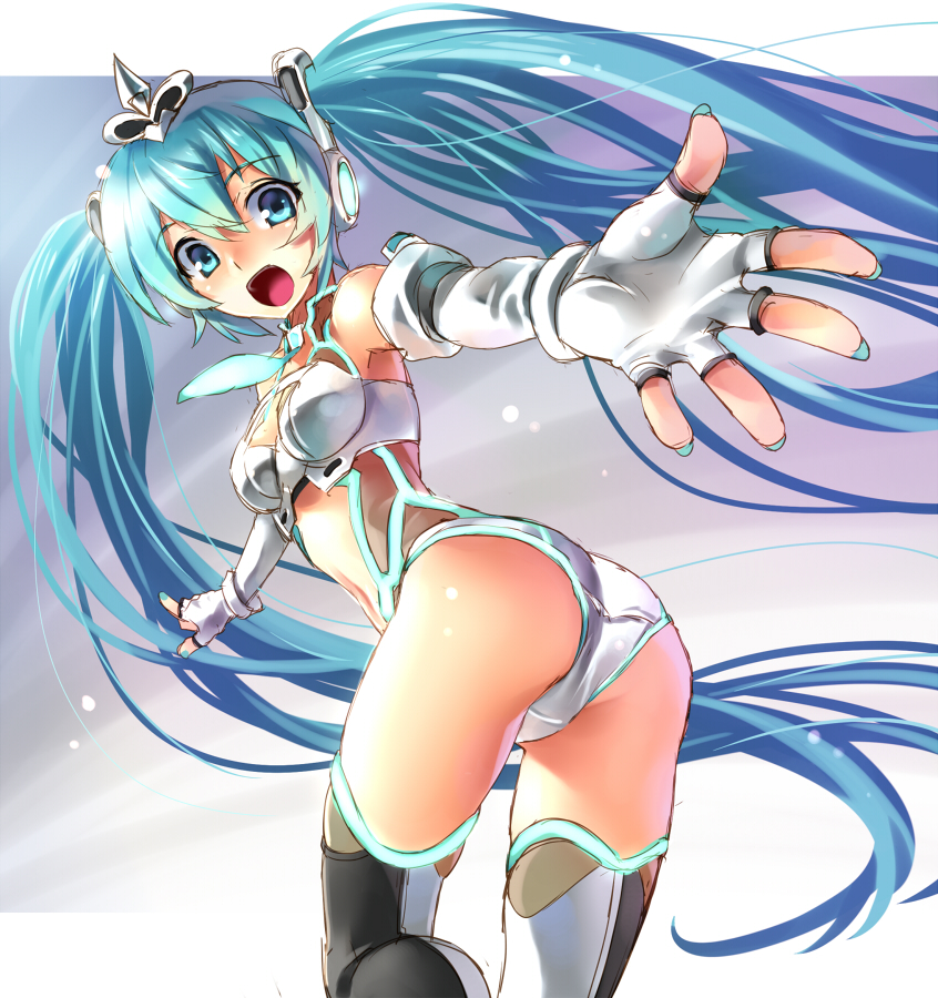 1girl, aqua_eyes, aqua_hair, ass, elbow_gloves, female_focus, fingerless_gloves, gloves, goodsmile_company, goodsmile_racing, hatsune_miku, katahira_masashi, leotard, long_hair, nail_polish, necktie, open_mouth, outside_border, race_queen, racing_miku, racing_miku_(2012), solo, thighhighs, twintails, very_long_hair, vocaloid