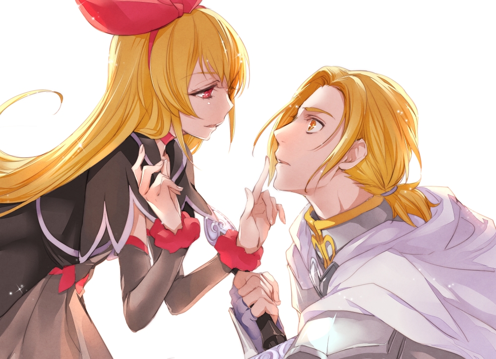 1boy, 1girl, armor, blonde_hair, cape, chiyo_(rotsurechiriha), dokidoki!_precure, eye_contact