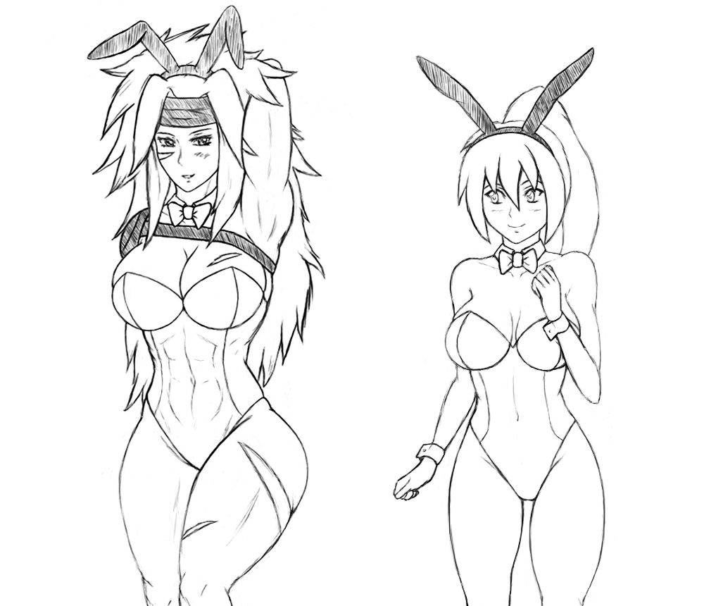 2girls, abs, playboy_bunny, erika_(violated_heroine), headband, multiple_girls, muscular, nanako_(violated_heroine)