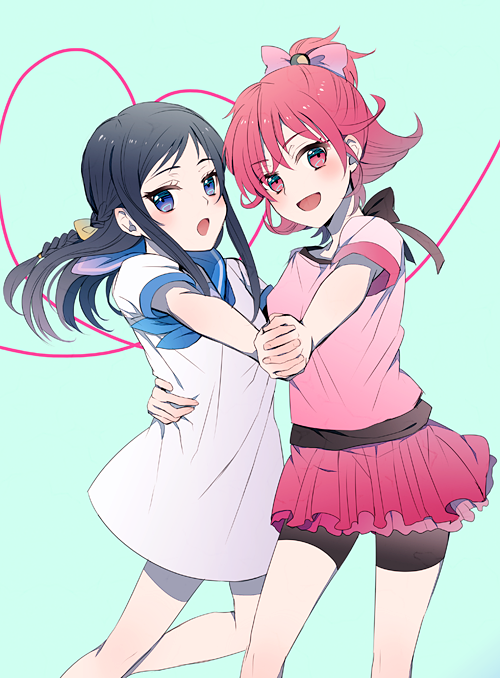 2girls, 88_(kimidori_midori), :d, :o, aida_mana, bad_id, bad_pixiv_id, bike_shorts