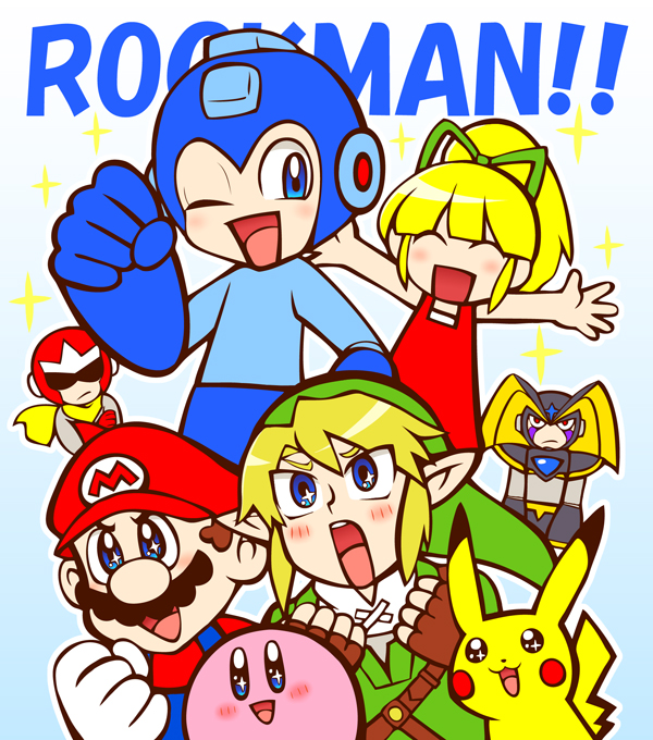 1girl, 5boys, bass_(mega_man), blonde_hair, blue_eyes, blush, capcom, clenched_hand, crossover, facial_hair, gen_1_pokemon, gloves, hanasaki_(1470267), happy, hat, helmet, jealous, kirby, kirby_(series), link, long_hair, mario, mario_(series), mega_man_(character), mega_man_(classic), mega_man_(series), multiple_boys, mustache, nintendo, one_eye_closed, pikachu, pointy_ears, pokemon, pokemon_(creature), proto_man, roll_(mega_man), scarf, smile, super_mario_bros._1, super_smash_bros., the_legend_of_zelda, wink