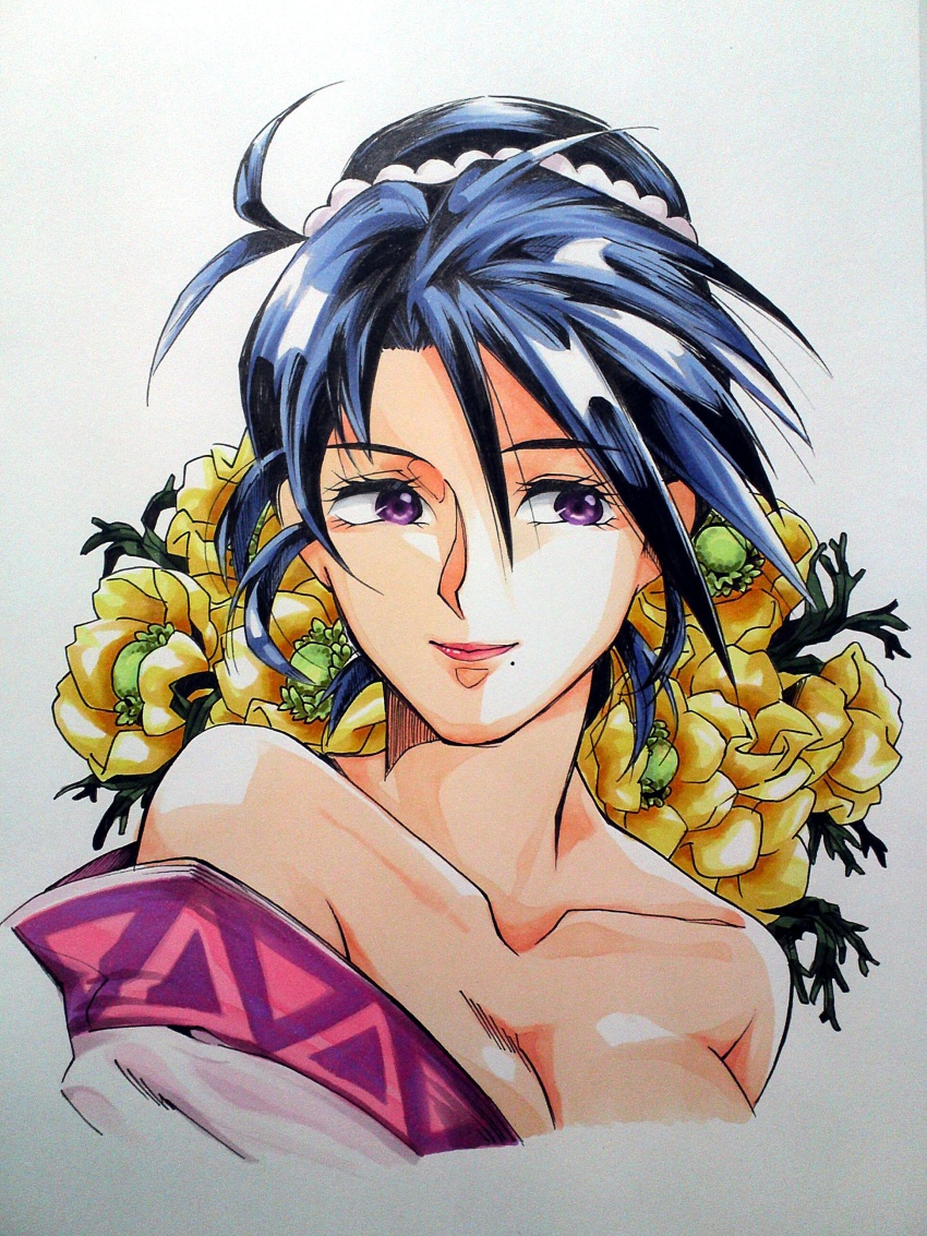 1girl, absurdres, aoi_saturday, bare_shoulders, blue_hair, breasts, cleavage, flower, highres, komagata_yumi, lips, marker_(medium), mole, portrait, purple_eyes, rurouni_kenshin, simple_background, smile, traditional_media, white_background