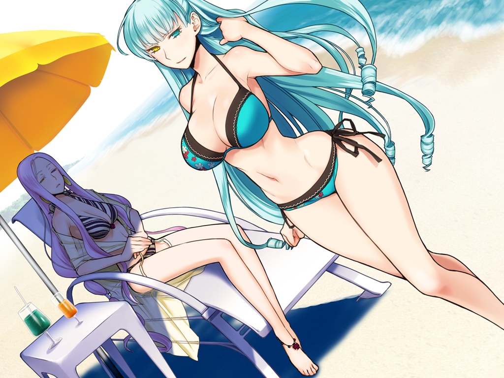 2girls, aqua_hair, barefoot, beach, bikini, breasts, cleavage, emilie_du_chatelet, florence_ameghino_nightingale, game_cg, liarsoft, long_hair, multiple_girls, ourai_no_gahkthun, purple_hair, steampunk_(liarsoft), swimsuit, umbrella, water