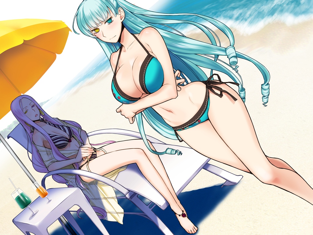 2girls, aqua_hair, barefoot, beach, bikini, breasts, cleavage, emilie_du_chatelet, florence_ameghino_nightingale, game_cg, liarsoft, long_hair, multiple_girls, ourai_no_gahkthun, purple_hair, steampunk_(liarsoft), swimsuit, umbrella, water