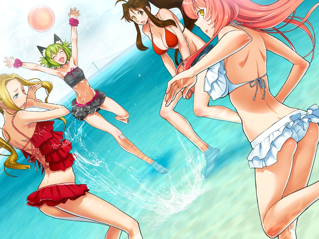4girls, anabeth_william_mardick_jr., animal_ears, ball, barefoot, bikini, breasts, cat_ears, cleavage, game_cg, green_hair, izumi_(ourai_no_gahkthun), josephine_march_(ourai_no_gahkthun), large_breasts, liarsoft, long_hair, multiple_girls, navel, neon_scala_sumiriya, ourai_no_gahkthun, pink_hair, steampunk_(liarsoft), swimsuit, very_long_hair, water, yellow_eyes