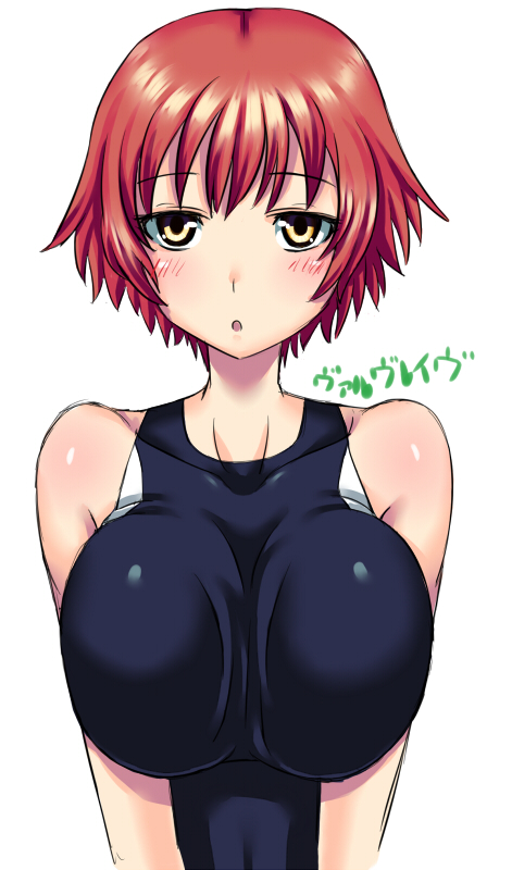 10s, 1girl, :o, aonozakura_aruto, breasts, brown_hair, competition_swimsuit, kakumeiki_valvrave