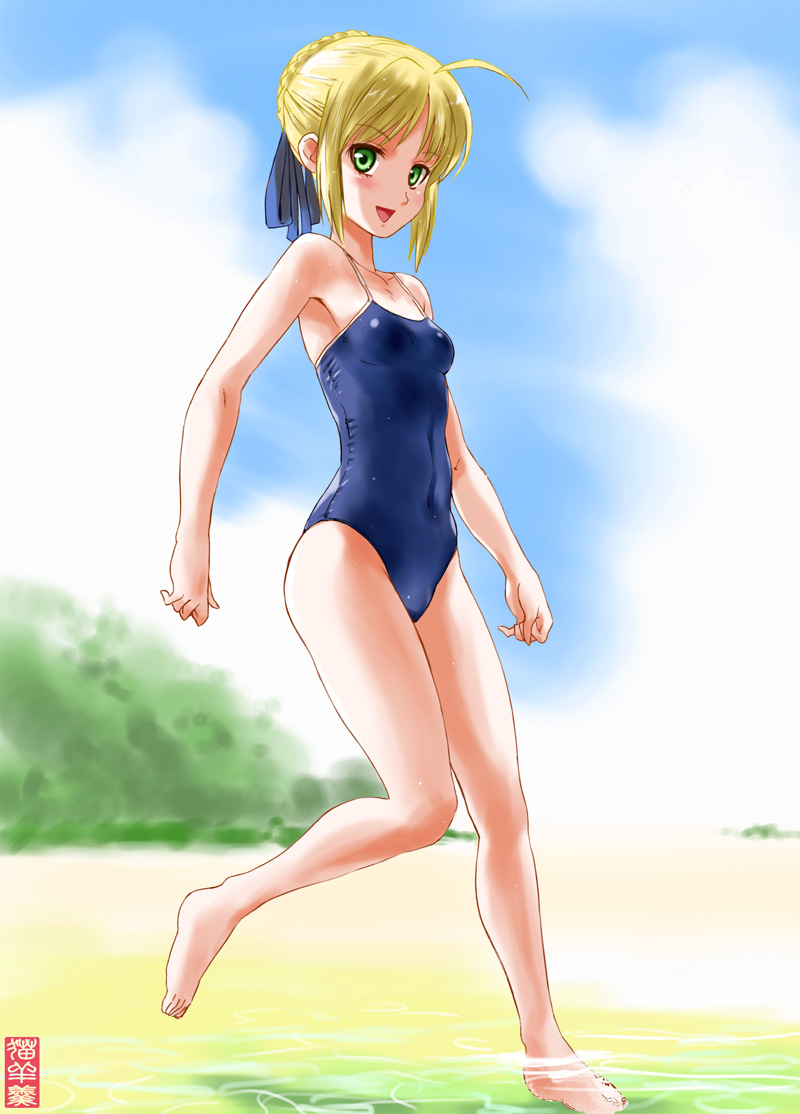 1girl, :d, ahoge, alternate_costume, artoria_pendragon_(fate), barefoot, beach, blonde_hair
