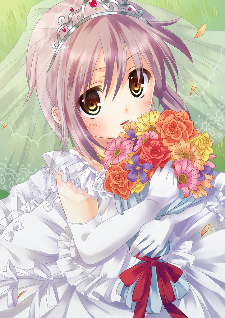 1girl, bridal_veil, bride, brown_eyes, dress, elbow_gloves, female_focus, flower