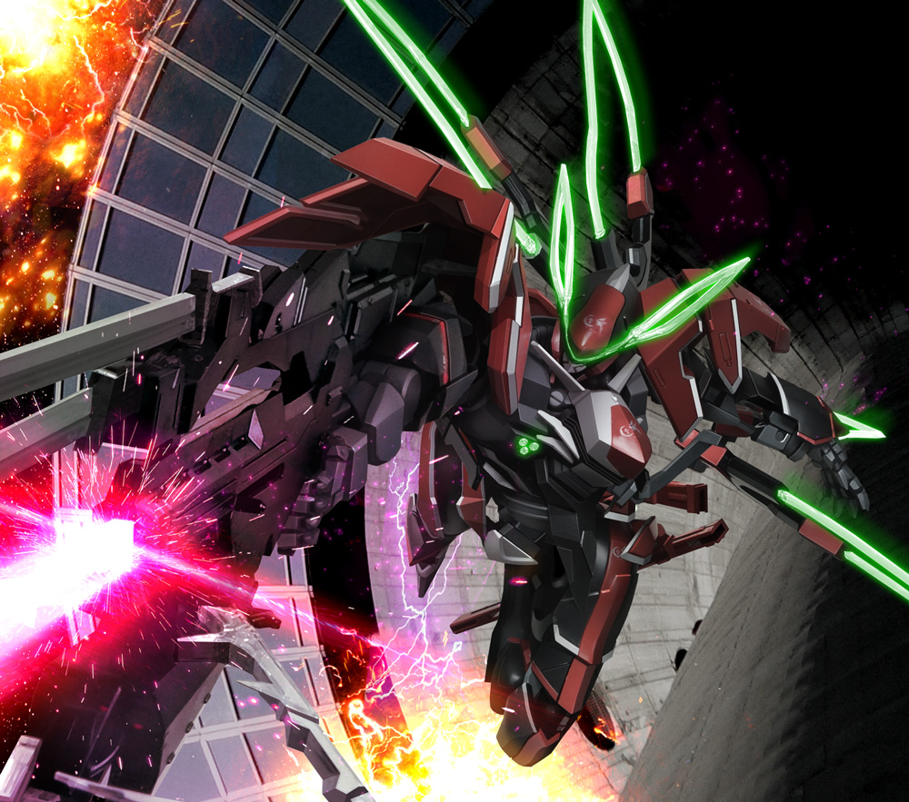 10s, electricity, energy_beam, explosion, glowing, gun, hiropon_(tasogare_no_puu), kakumeiki_valvrave, mecha, no_humans, robot, solo, sparks, valvrave, weapon
