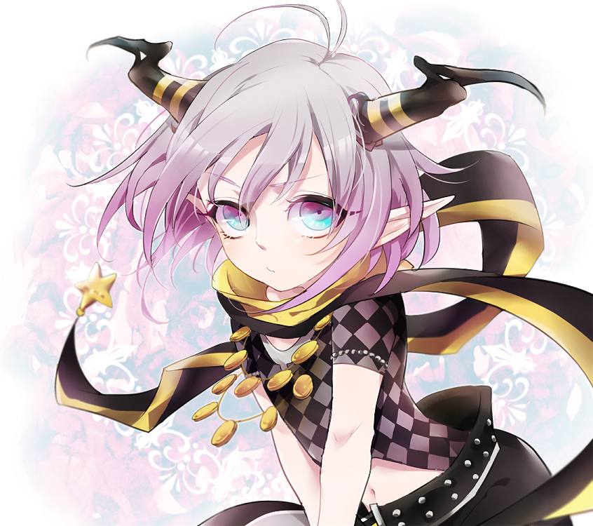 1boy, 1girl, amnesia_(idea_factory), amo_(yellowpink_a), female_focus, grey_hair, horns, jewelry