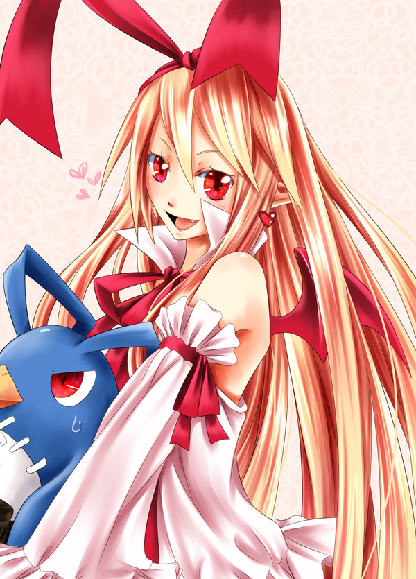 1girl, antennae, bad_id, bad_pixiv_id, blonde_hair, blush, demon_wings, detached_sleeves