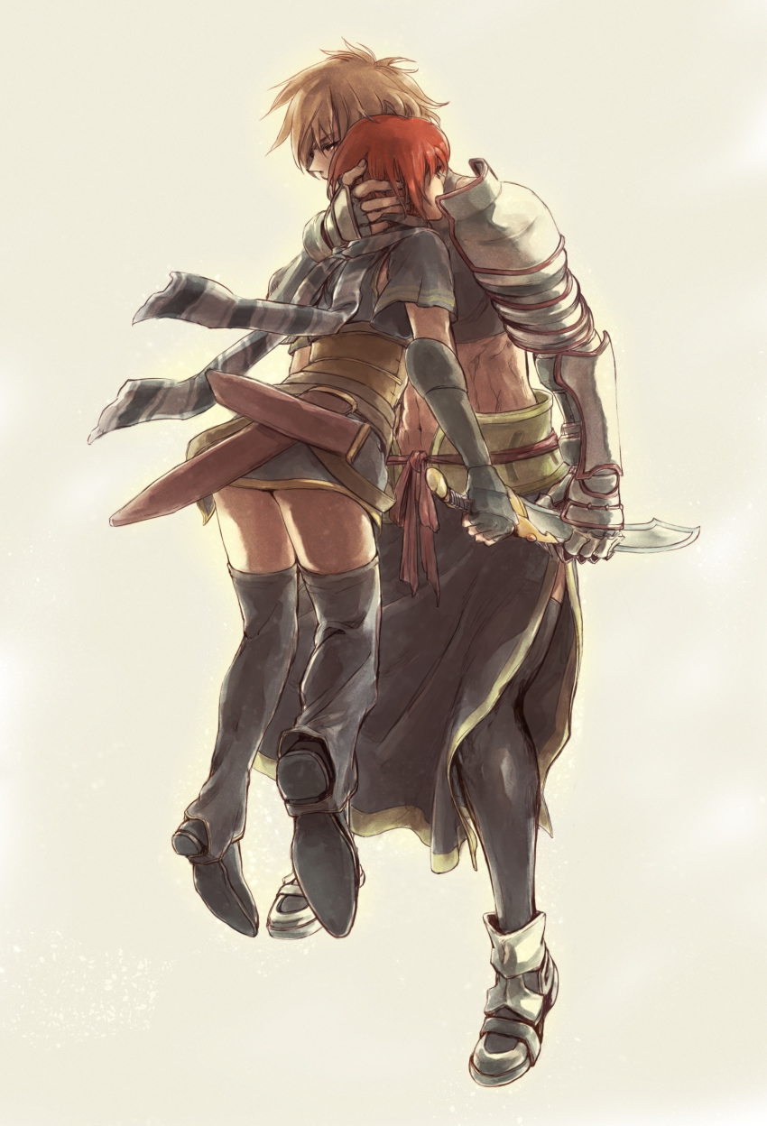1boy, 1girl, albel_nox, brown_hair, couple, dagger, fingerless_gloves, full_body, gauntlets, gloves, hetero, highres, hoel, hug, knife, midriff, miniskirt, nel_zelpher, red_hair, short_hair, skirt, square_enix, star_ocean, star_ocean:_till_the_end_of_time, thighhighs, weapon, yuri_(kigenso)