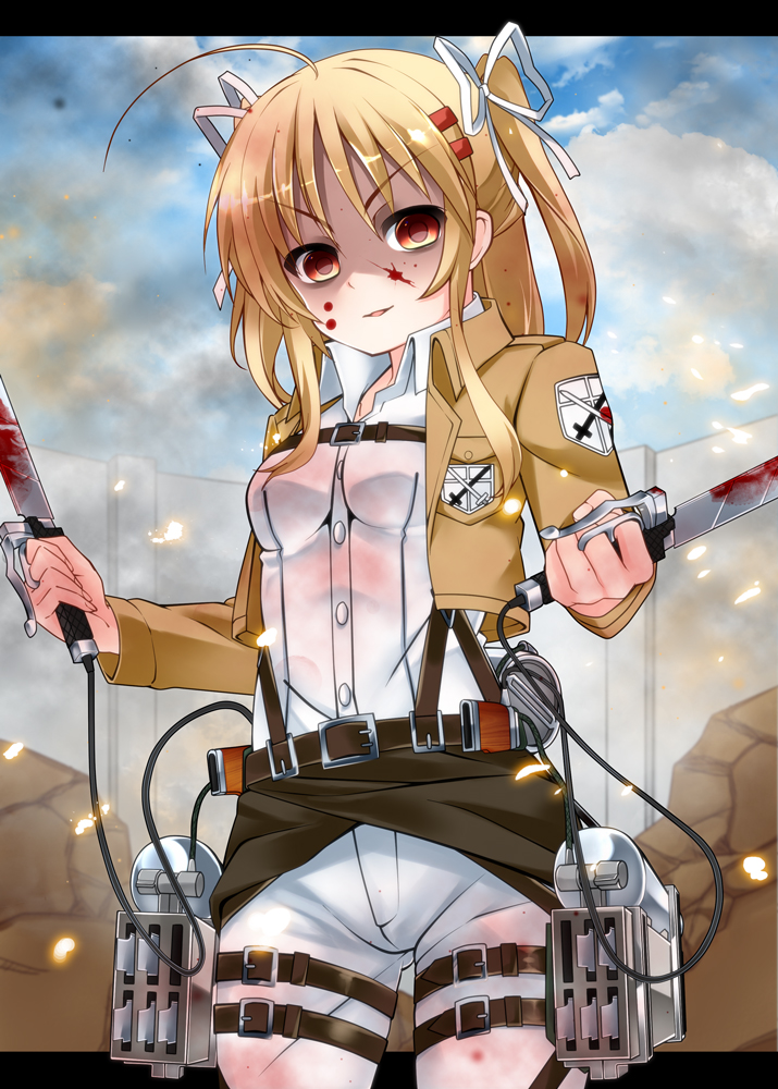 1girl, ahoge, belt, blade, blonde_hair, blood, blood_on_face, cloud