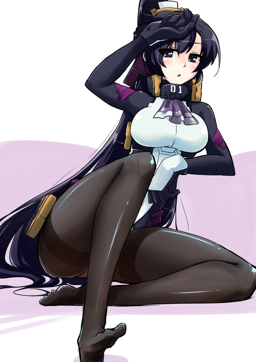 1girl, ascot, back-seamed_legwear, black_hair, black_pantyhose, bodysuit, breasts, chris1026, female_focus, fukushima_masanori_(kyoukaisenjou_no_horizon), gloves, highres, kyoukaisenjou_no_horizon, large_breasts, long_hair, no_shoes, pantyhose, ponytail, seamed_legwear, solo, thighband_pantyhose, triangle_mouth, very_long_hair