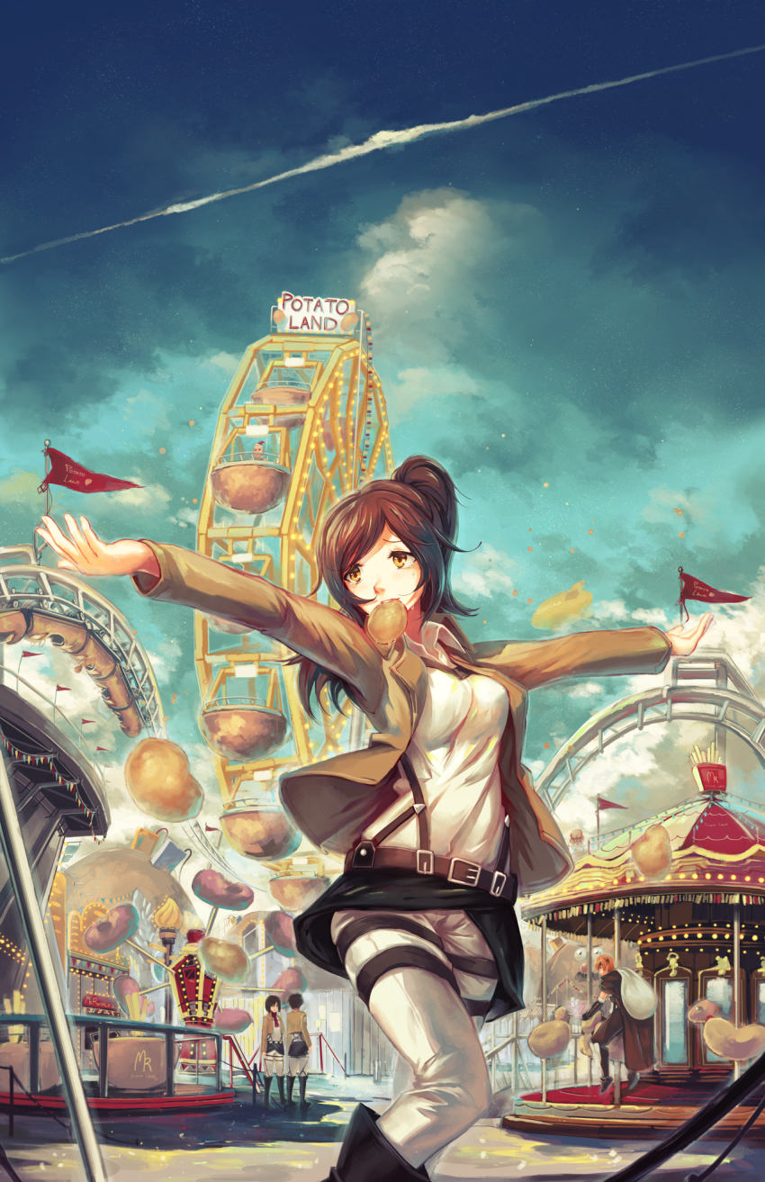 2boys, 2girls, amusement_park, belt, black_hair, boots, brown_eyes, brown_hair