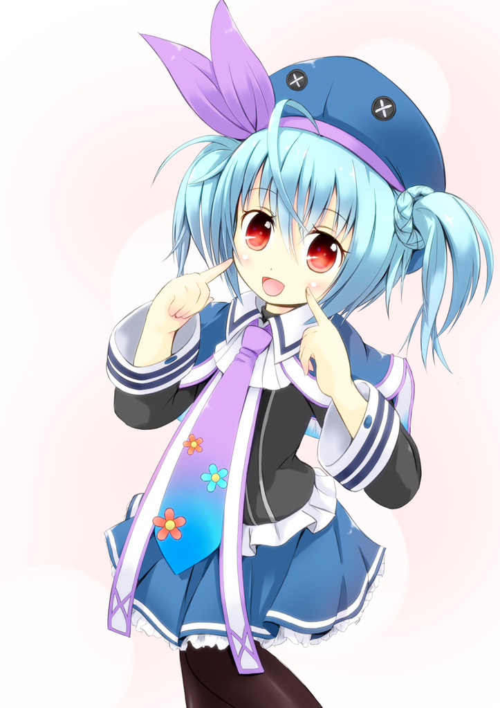 1girl, alma_(emil_chronicle_online), bad_id, bad_pixiv_id, blue_hair, emil_chronicle_online, female_focus, hat, kakashi, mode_(mode-n), pantyhose, pururu_alma, red_eyes, short_hair, solo