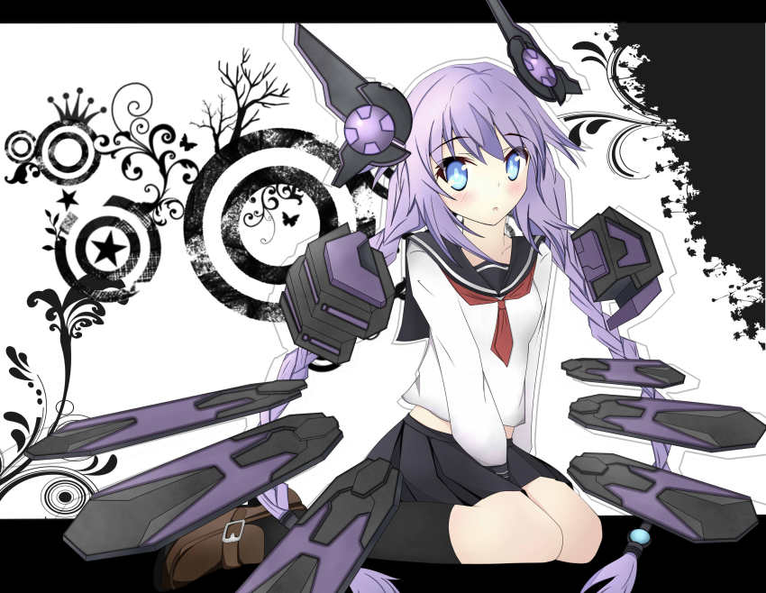 10s, 1girl, absurdres, alternate_costume, between_legs, blue_eyes, braid, female_focus, hand_between_legs, highres, long_hair, neptune_(neptunia), neptune_(series), power_symbol-shaped_pupils, purple_hair, purple_heart_(neptunia), roritamashii, school_uniform, solo, symbol-shaped_pupils, twin_braids, very_long_hair