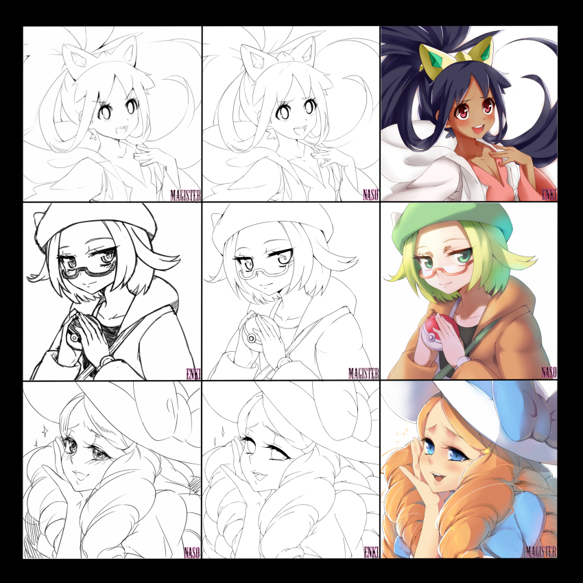 00s, 10s, 3girls, artist_collaboration, bag, bianca_(pokemon), blonde_hair, blue_eyes