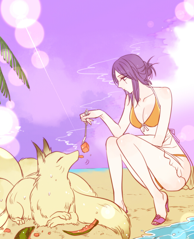 1girl, ahri_(league_of_legends), ahri_(fox), beach, bikini, breasts, cleavage, leblanc_(league_of_legends)