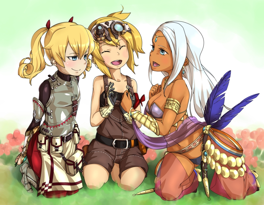 3girls, armor, atlus, bernd_workshop, blonde_hair, blue_eyes, blush, bracelet, buckle, chest_plate, closed_eyes, dancer_(sekaiju), dancer_4_(sekaiju), dark-skinned_female, dark_skin, earrings, etrian_odyssey, feathers, forehead, fortress_(sekaiju), fortress_2_(sekaiju), gauntlets, goggles, greaves, highres, jewelry, lots_of_jewelry, multiple_girls, navel, open_mouth, overalls, pouch, sekaiju_no_meikyuu, sekaiju_no_meikyuu_4, sitting, smile, strap, twintails, vivace_tune, white_hair