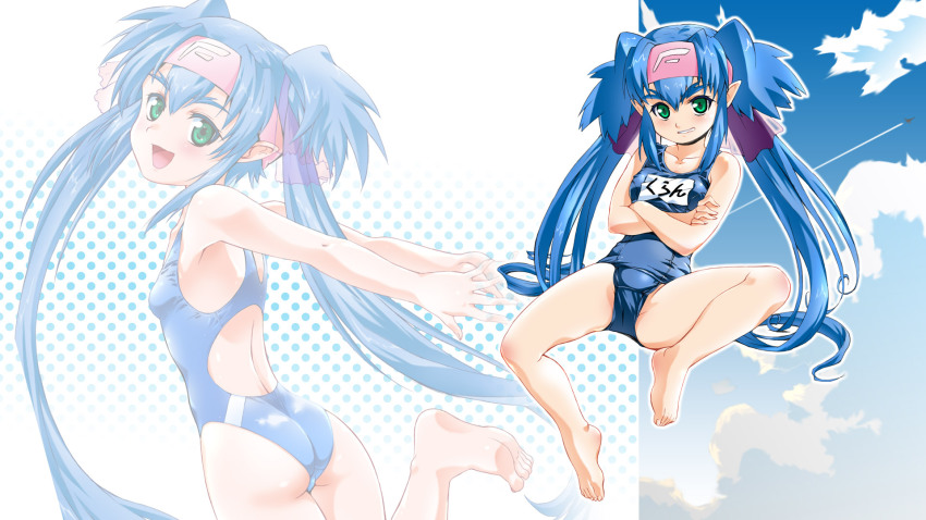 1girl, armpits, arms_behind_back, ass, back, barefoot, blue_hair, blush