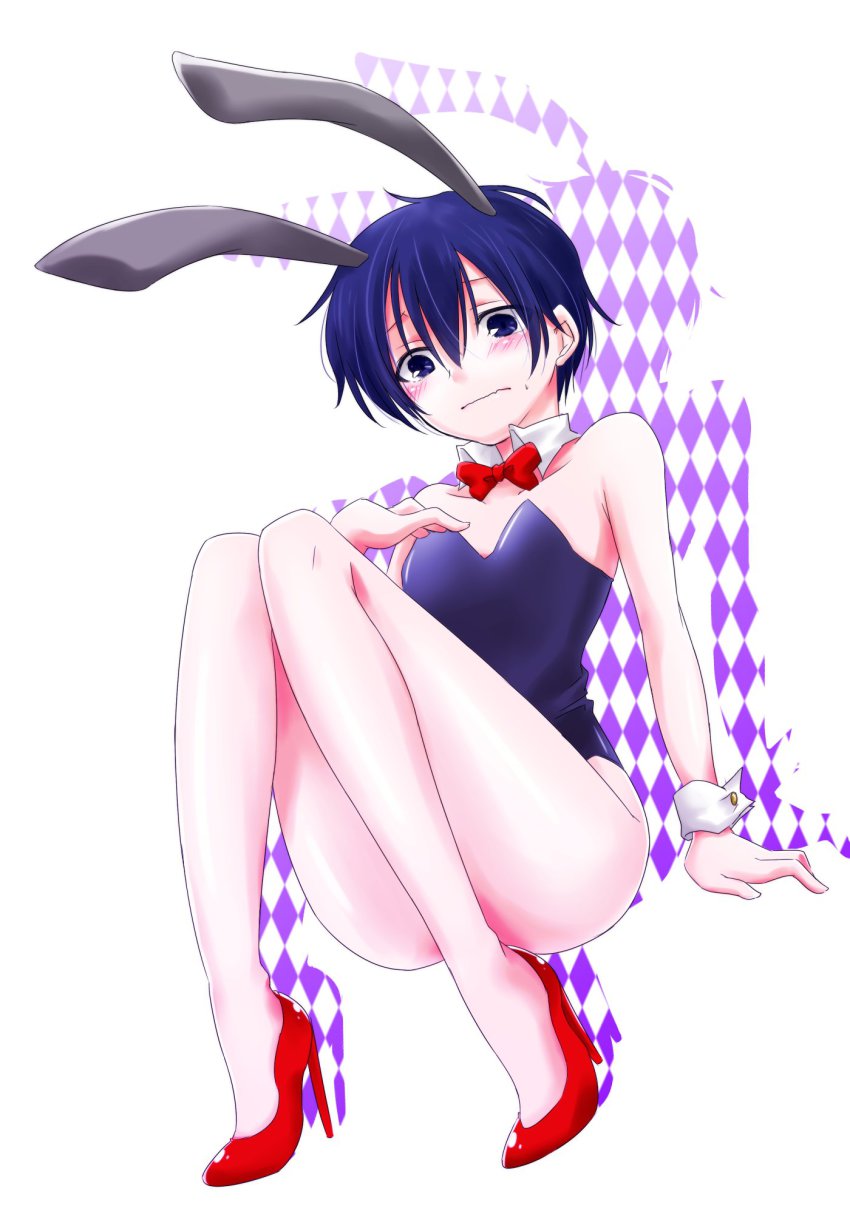 10s, 1boy, androgynous, bare_arms, bare_legs, bare_shoulders, black_eyes, black_hair, blush, bow, bowtie, crossdressing, crossdressing_(mtf), high_heels, highres, keishi_(trap), kirito, male_focus, male_playboy_bunny, playboy_bunny, shoes, short_hair, solo, sword_art_online, trap, wrist_cuffs