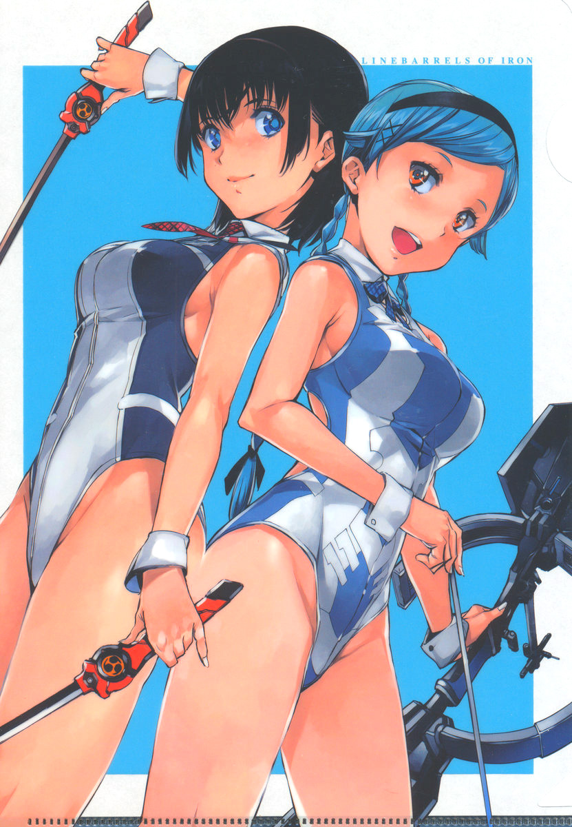 2girls, arrow_(projectile), bare_shoulders, black_hair, blue_eyes, blue_hair, bodysuit, bow_(weapon), dual_wielding, groin, highleg, highres, holding, kizaki_emi, kurogane_no_linebarrel, legs, multiple_girls, official_art, ohba_makishi, orange_eyes, shimoguchi_tomohiro, sword, weapon