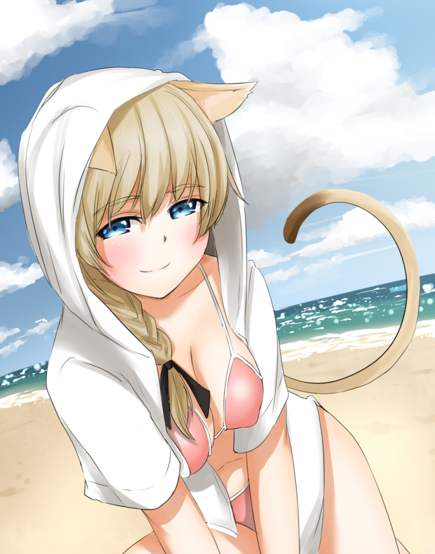 1girl, animal_ears, bad_id, bad_pixiv_id, beach, bikini, bikini_under_clothes, blue_eyes