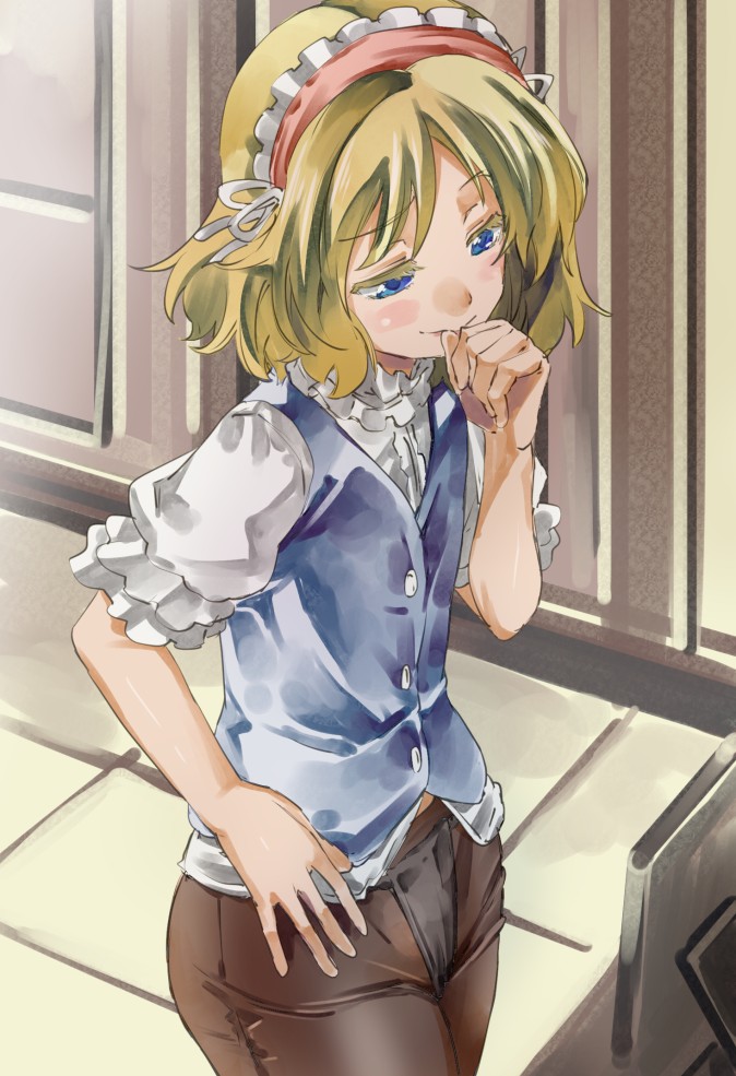 1girl, alice_margatroid, blonde_hair, blue_eyes, female_focus, fundoshi, fundoshi_under_pantyhose, hairband