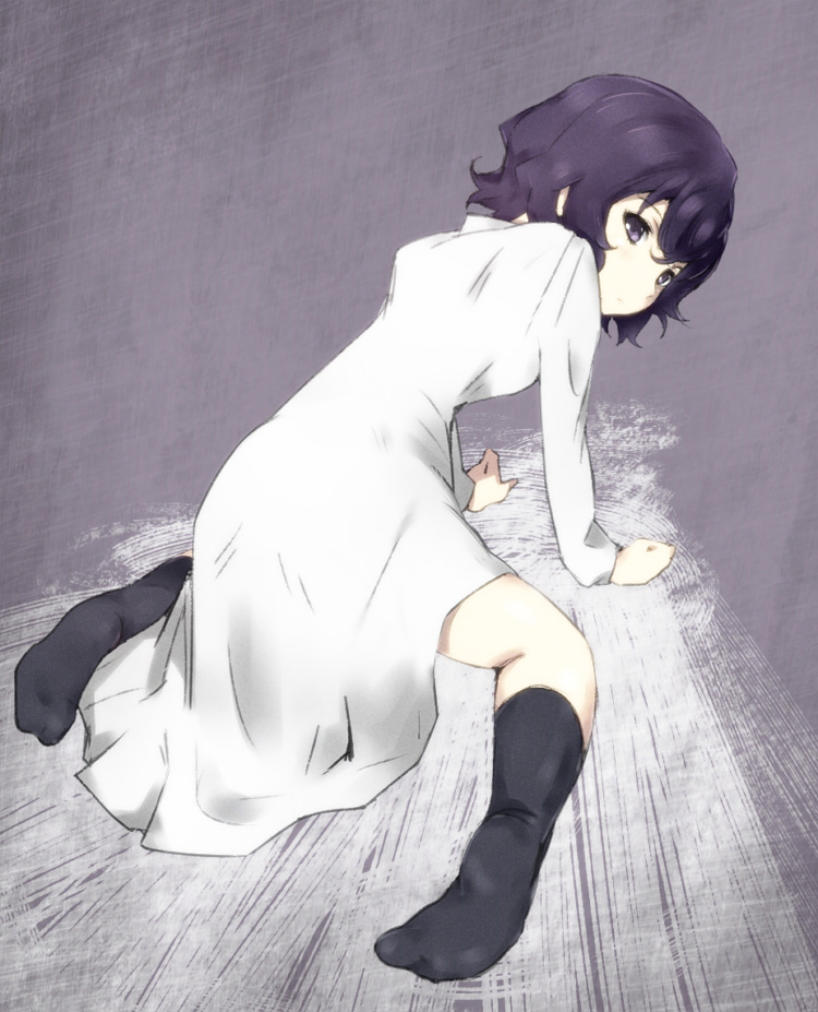 1girl, all_fours, black_eyes, black_hair, gedou_(ge_ge_gedou), lab_coat, looking_back, nunotaba_shinobu