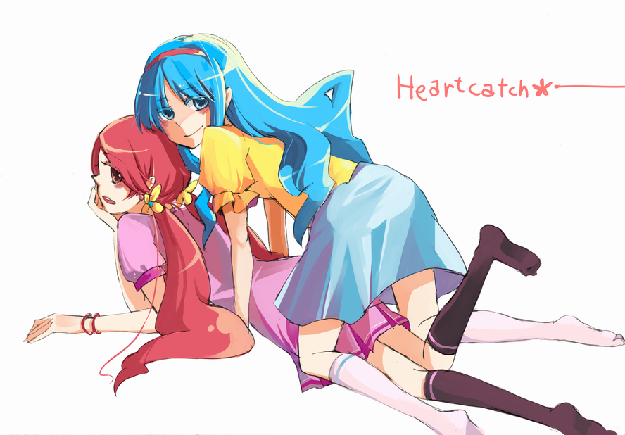 10s, 2girls, bad_id, bad_pixiv_id, blue_eyes, blue_hair, bracelet, brown_eyes, copyright_name, couple, girl_on_top, hairband, hanasaki_tsubomi, heartcatch_precure!, jewelry, kazhi, kurumi_erika, long_hair, looking_back, lying, multiple_girls, on_stomach, pink_hair, precure, simple_background, straddling, twintails, white_background, yuri